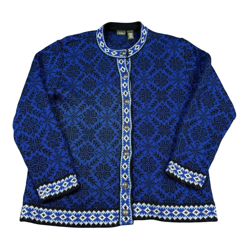 L.L. Bean 100% Merino Wool Snowflake Nordic Cardigan Sweater Women's Large